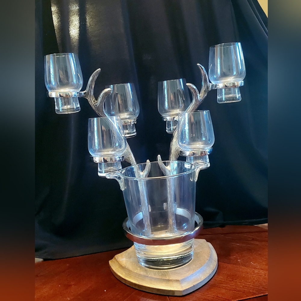 Pottery Barn Stainless Steel Antler Bar Set w/ ice bucket & 6 shot glasses